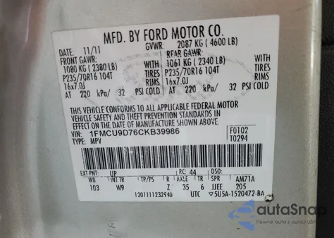 2012 Ford Escape Xlt from USA, damaged, VIN 1FMCU9D76CKB39986